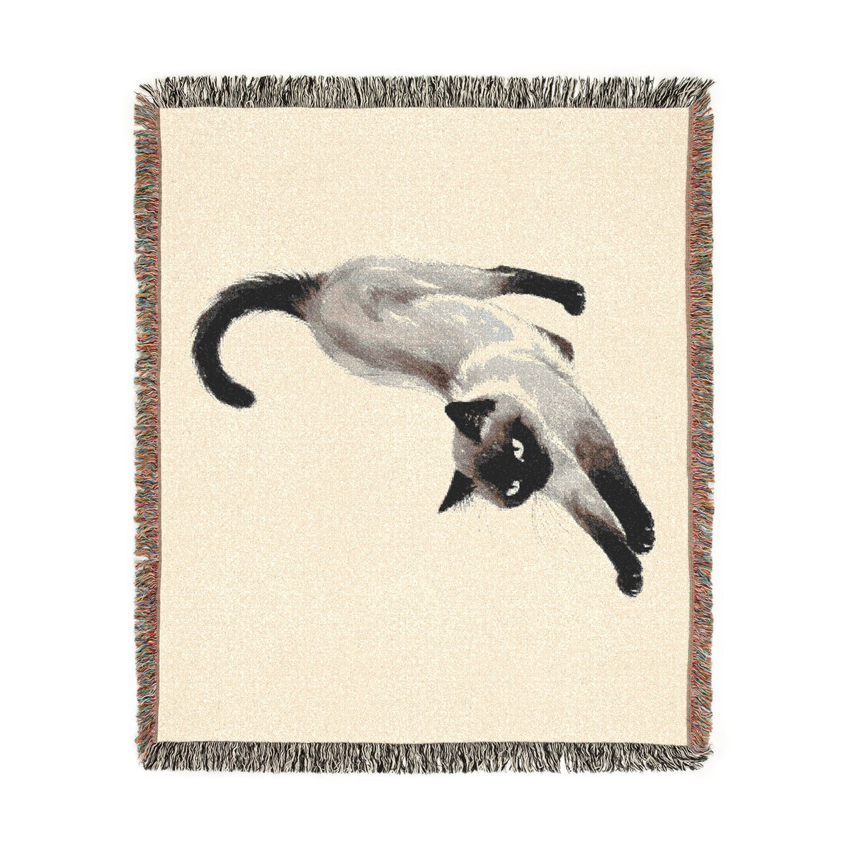Siamese cat woven cotton throw blanket, flat front view turned vertical, 60x50