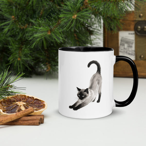 Stretching Siamese Cat Mug with Black Interior, 11 oz