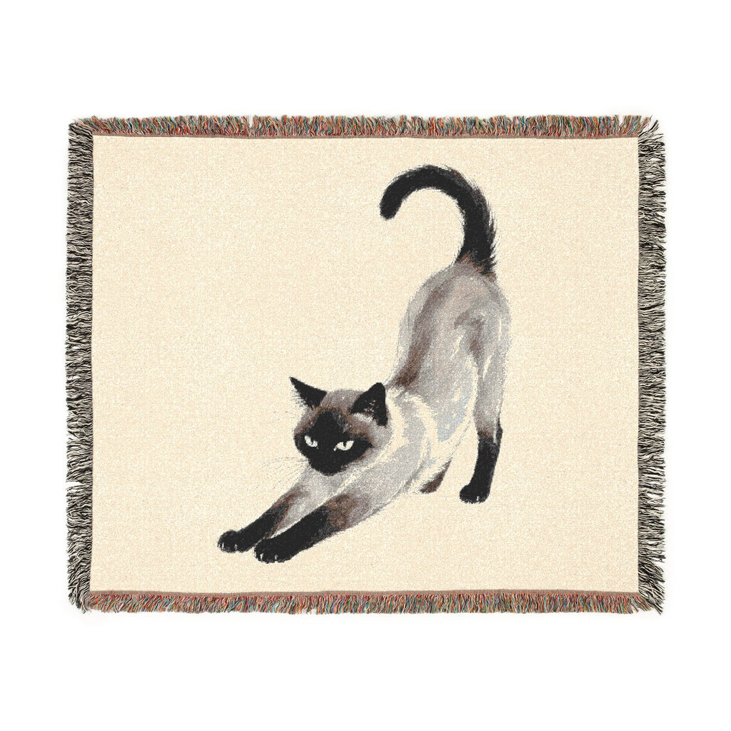 Siamese cat woven cotton throw blanket, flat front view of the full stretching-cat artwork, 60x50