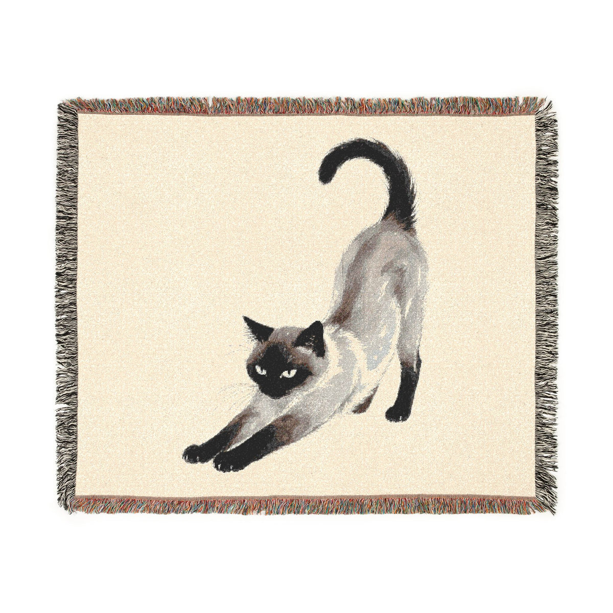 Siamese cat woven cotton throw blanket, flat front view of the full stretching-cat artwork, 60x50
