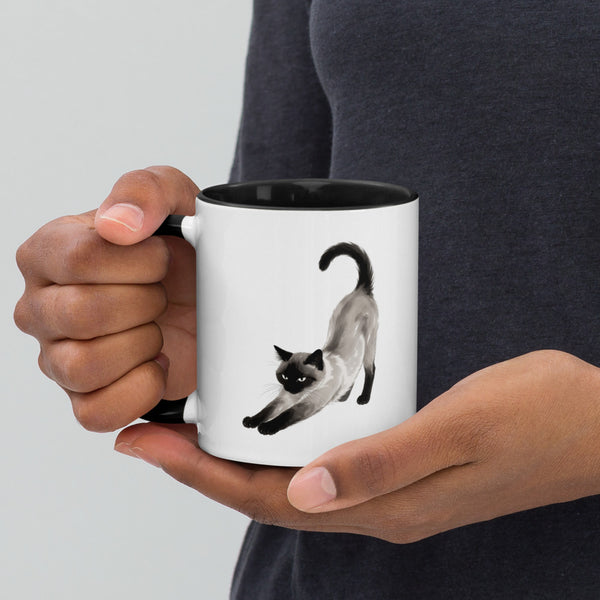 Stretching Siamese Cat Mug with Black Interior, 11 oz