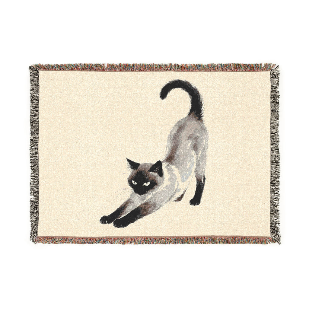 Siamese cat woven cotton throw blanket, flat front view of the full stretching-cat artwork, 52x37