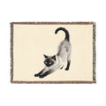 Siamese cat woven cotton throw blanket, flat front view of the full stretching-cat artwork, 52x37