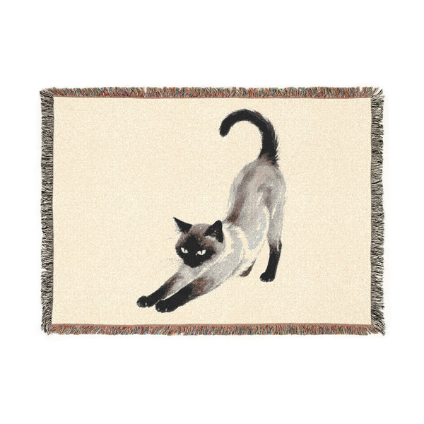 Stretching Siamese Cat Woven Throw Blanket, Cotton Fringe Lap Throw Gift 52x37
