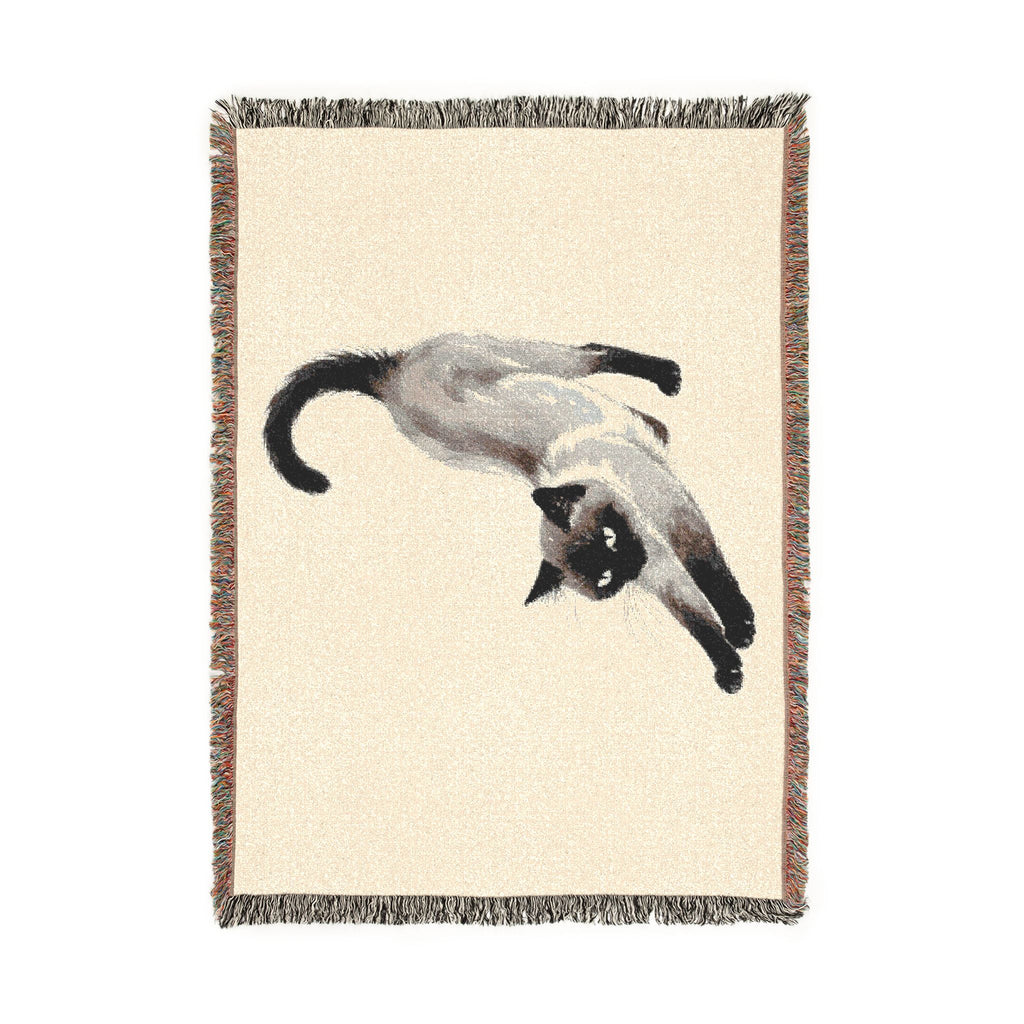 Siamese cat woven cotton throw blanket, flat front view turned vertical, 52x37