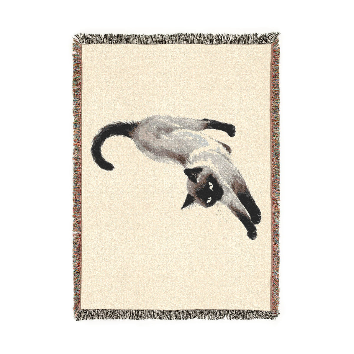 Siamese cat woven cotton throw blanket, flat front view turned vertical, 52x37