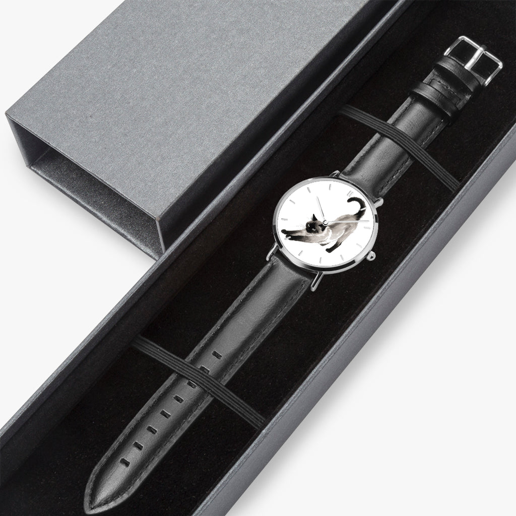 Stretching Siamese Cat Ultra-Thin Leather Quartz Watch with Indicators, Silver, view 6