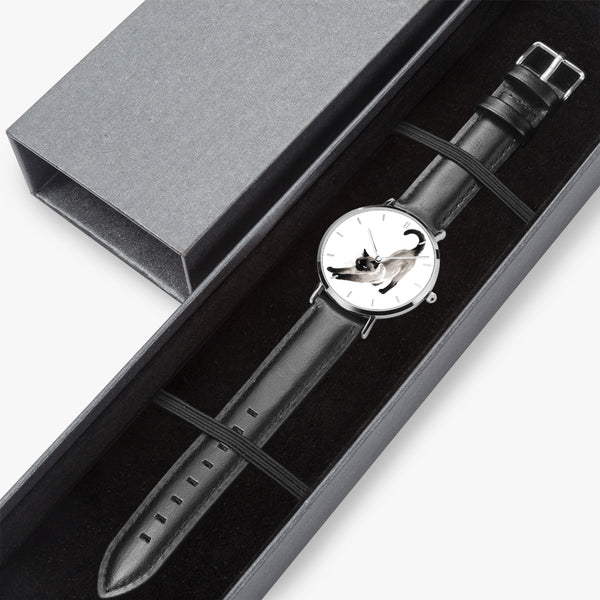 Stretching Siamese Cat Ultra-Thin Leather Quartz Watch with Indicators, Silver