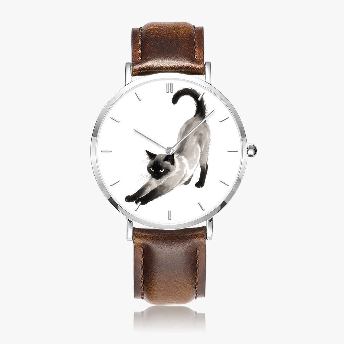 Stretching Siamese Cat Ultra-Thin Leather Quartz Watch with Indicators, Silver, view 7