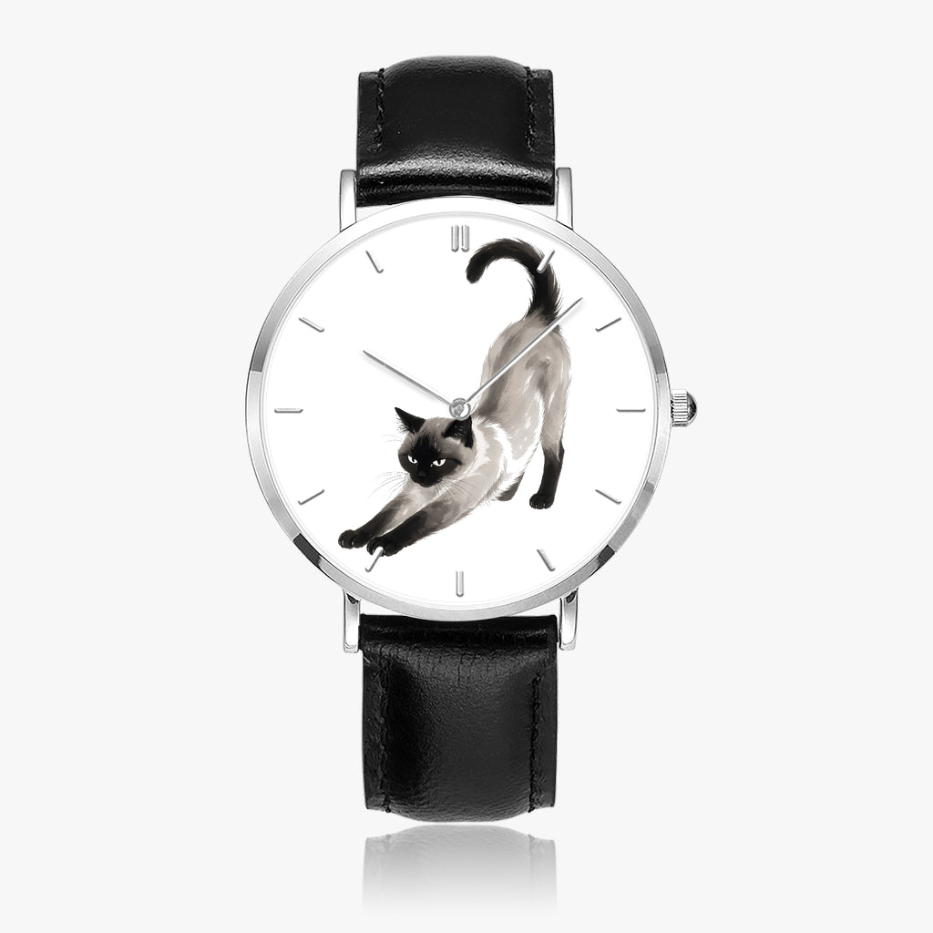 Stretching Siamese Cat Ultra-Thin Leather Quartz Watch with Indicators, Silver, view 2