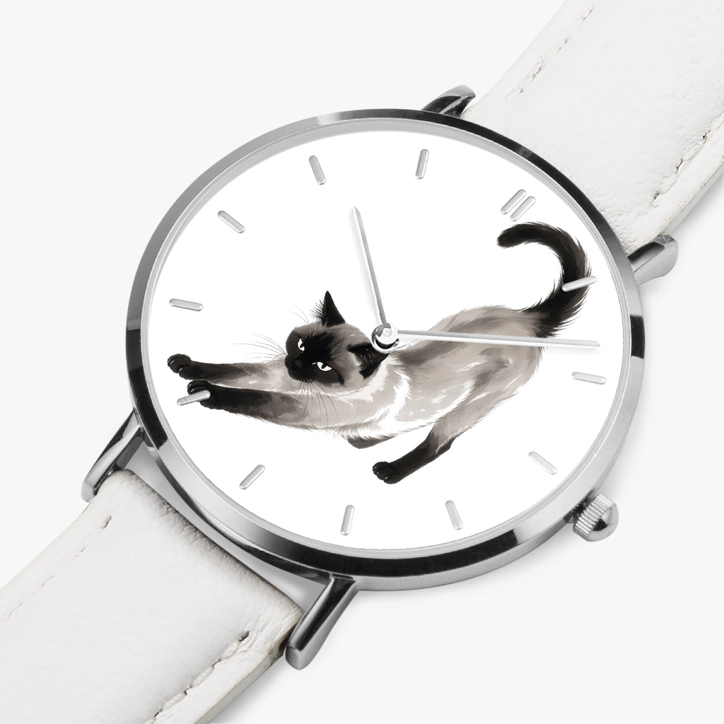 Stretching Siamese Cat Ultra-Thin Leather Quartz Watch with Indicators, Silver, view 9