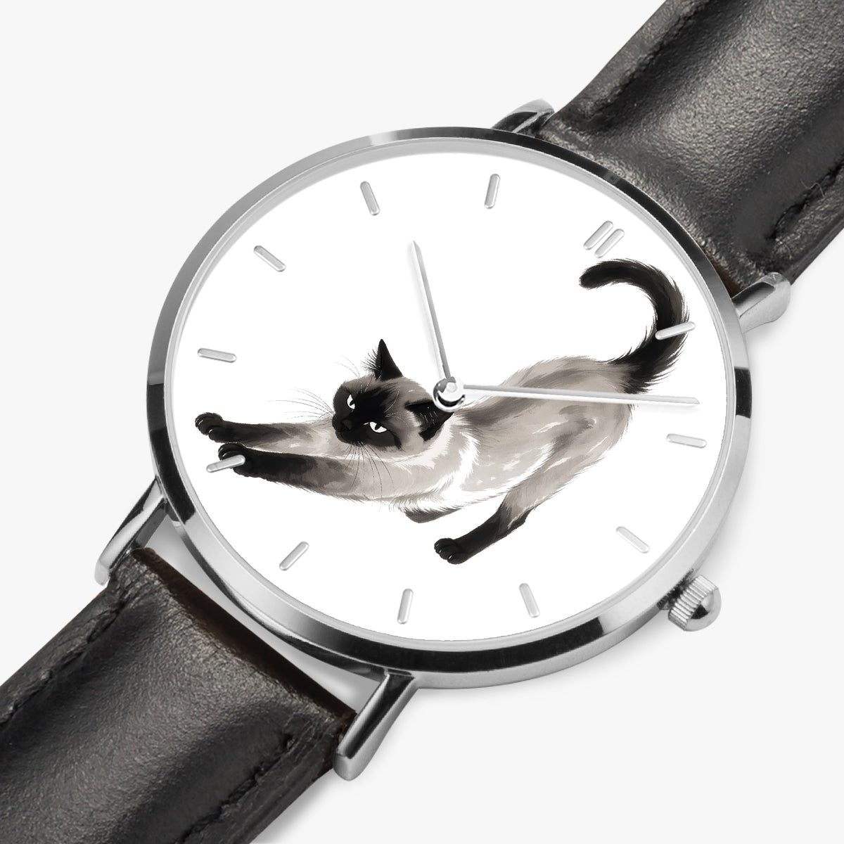 Stretching Siamese Cat Ultra-Thin Leather Quartz Watch with Indicators, Silver, view 8