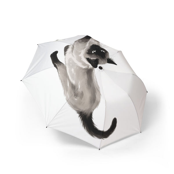 Stretching Siamese Cat Foldable Umbrella — Playful Print, Semi-Automatic Compact Rain Parasol