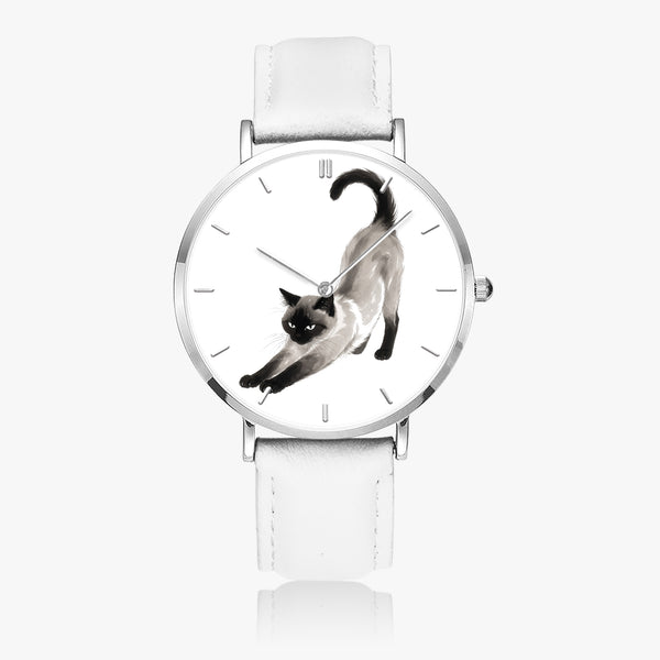 Stretching Siamese Cat Ultra-Thin Leather Quartz Watch with Indicators, Silver