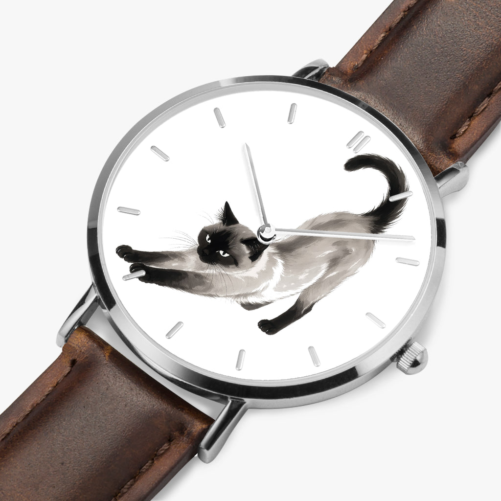 Stretching Siamese Cat Ultra-Thin Leather Quartz Watch with Indicators, Silver, view 5