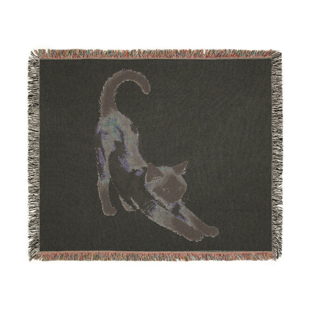 Reverse side of the Siamese cat woven cotton blanket showing the jacquard weave, 60x50