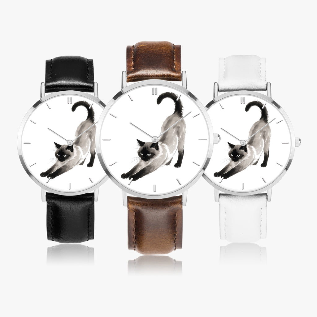Stretching Siamese Cat Ultra-Thin Leather Quartz Watch with Indicators, Silver, view 1