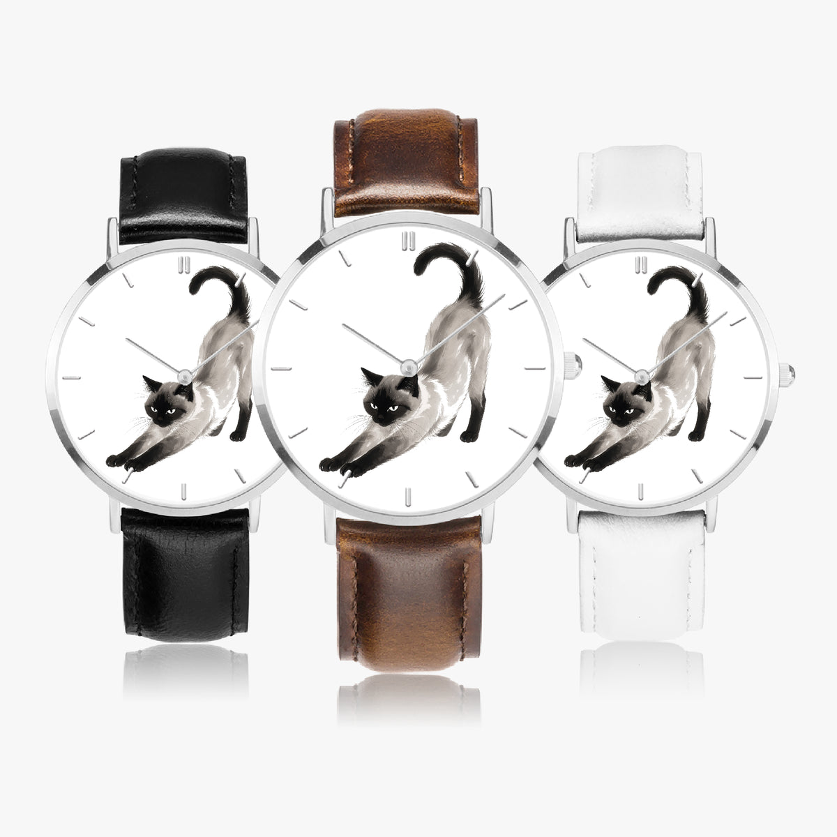 Stretching Siamese Cat Ultra-Thin Leather Quartz Watch with Indicators, Silver, view 1