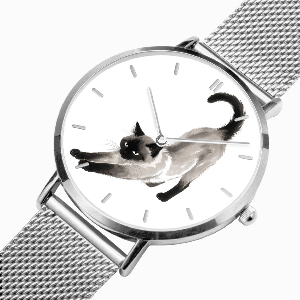Stretching Siamese Cat Ultra-Thin Leather Quartz Watch with Indicators, Silver, view 10