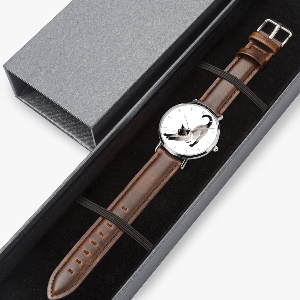 Stretching Siamese Cat Ultra-Thin Leather Quartz Watch with Indicators, Silver, view 3