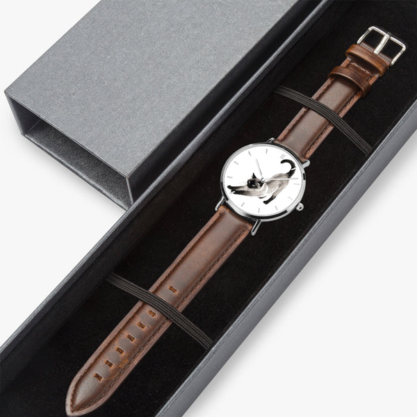 Stretching Siamese Cat Ultra-Thin Leather Quartz Watch with Indicators, Silver