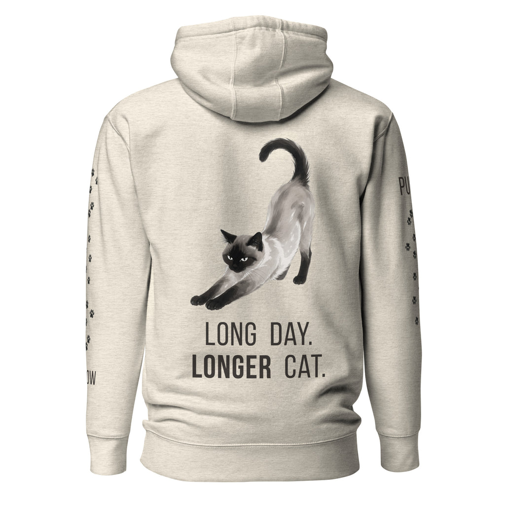 Long Day, Longer Cat Siamese Cat Hoodie, Oatmeal Heather, back view