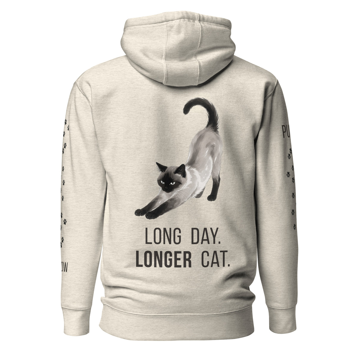 Long Day, Longer Cat Siamese Cat Hoodie, Oatmeal Heather, back view