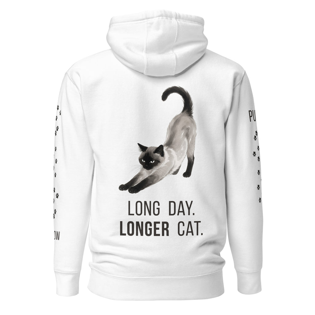 Long Day, Longer Cat Siamese Cat Hoodie, White, back view