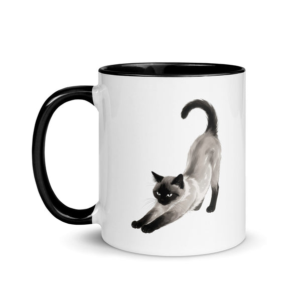 Stretching Siamese Cat Mug with Black Interior, 11 oz
