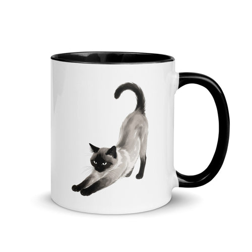 Stretching Siamese Cat Mug with Black Interior, 11 oz